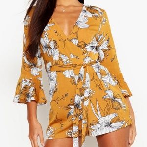 BOOHOO Floral Wrap & Ruffle Sleeve Romper